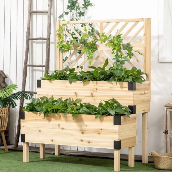 2 Tier Self Draining Natural Wood Raised Garden Bed Planter Box with Trellis Q280-THGDL873352
