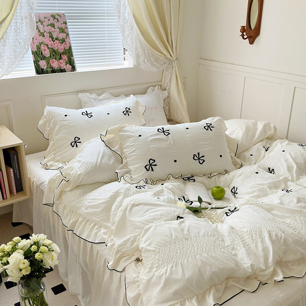 Pattern: Bow, Size Specifications: 1.5m fitted sheet 4pcs set - Ins Cream Style Soft Skin-friendly  Q119-CJCS178578306FU
