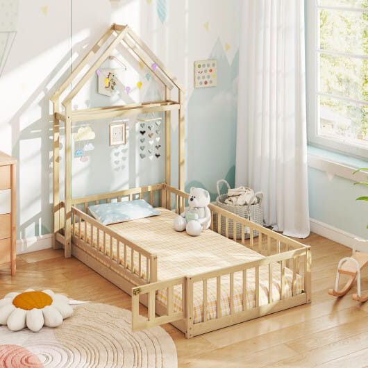 Twin Size House Floor Bed with House-shaped Headboard-Natural - Color: Natural - Size: Twin Size D681-HU11127NA