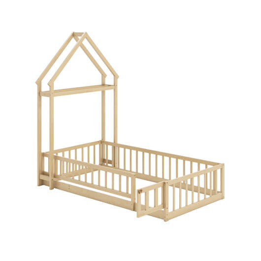 Twin Size House Floor Bed with House-shaped Headboard-Natural - Color: Natural - Size: Twin Size D681-HU11127NA