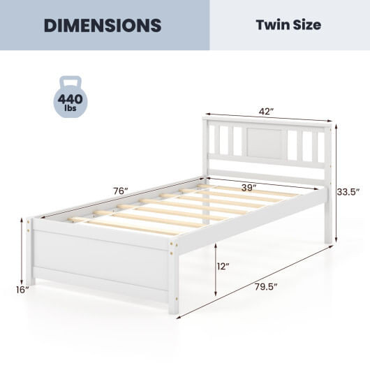 Wooden Platform Bed with Headboard and Wood Slat Support White-Twin Size - Color: White - Size: Twi D681-HU10842BS-T