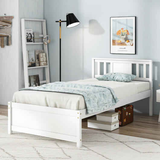 Wooden Platform Bed with Headboard and Wood Slat Support White-Twin Size - Color: White - Size: Twi D681-HU10842BS-T