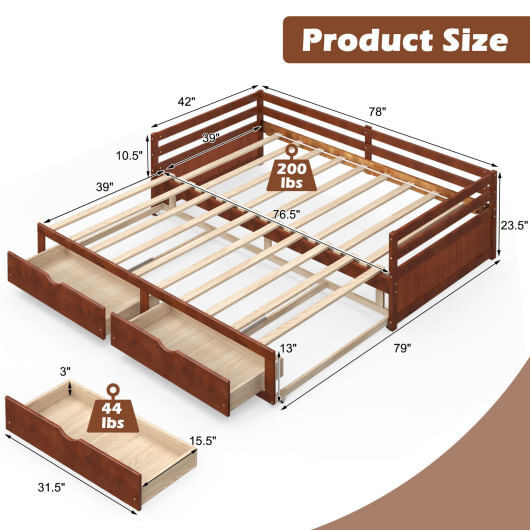 Extendable Twin to King Daybed with Trundle and 2 Storage Drawers - Color: Brown D681-HU10350BN