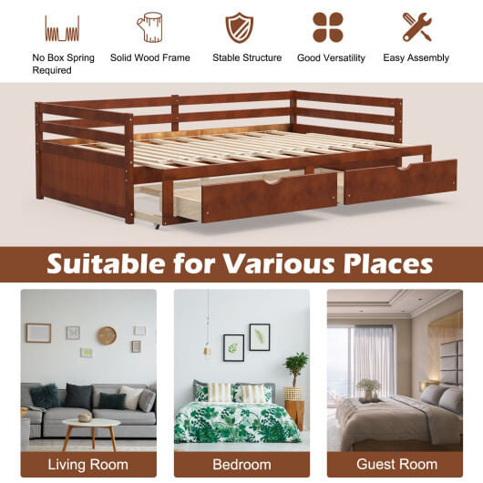 Extendable Twin to King Daybed with Trundle and 2 Storage Drawers - Color: Brown D681-HU10350BN