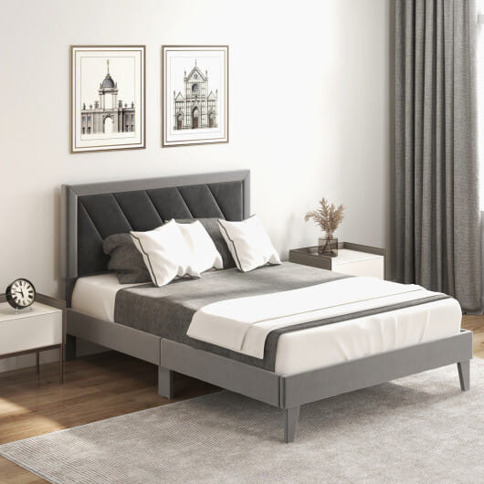 Twin/Full/Queen Platform Bed with High Headboard and Wooden Slats-Full Size - Color: Black & Gray - D681-HU10420GR-F