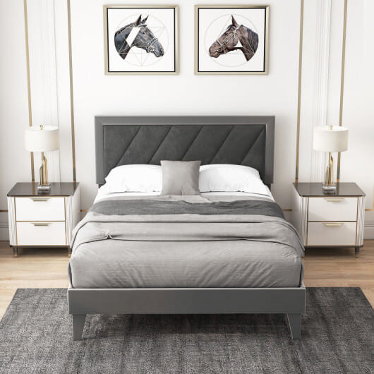 Twin/Full/Queen Platform Bed with High Headboard and Wooden Slats-Full Size - Color: Black & Gray - D681-HU10420GR-F