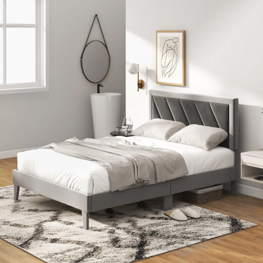 Twin/Full/Queen Platform Bed with High Headboard and Wooden Slats-Full Size - Color: Black & Gray - D681-HU10420GR-F