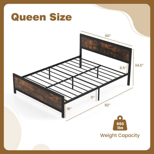Metal Bed Frame with Headboard and Footboard-Queen Size - Color: Rustic Brown - Size: Queen Size D681-HU10761-Q