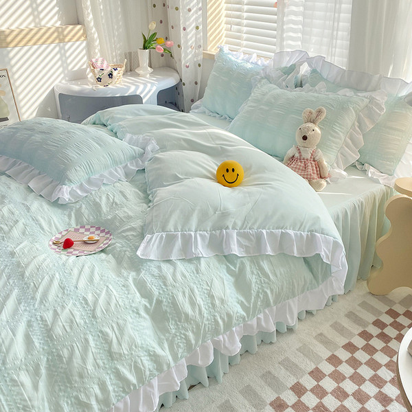 Color: Cyan, Size: 1.5M B Bed Sheet - Solid Color Four-piece Quilt Cover Bed Skirt Bedding Set Q119-CJCS153282639MN