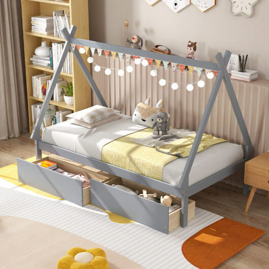 Twin Size Wooden Tent Platform House Bed with 2 Drawers-Gray - Color: Gray - Size: Twin Size D681-HU10868GY
