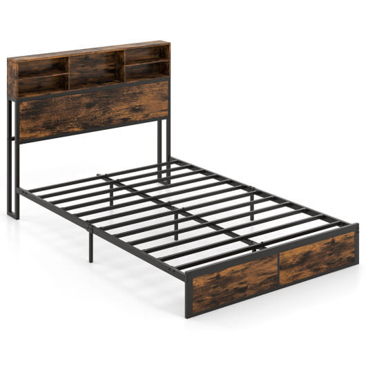 Twin/Full/Queen/King Size Bed Frame with Storage Headboard Industrial Metal Platform Bed-Full Size  D681-HU10817CF-F