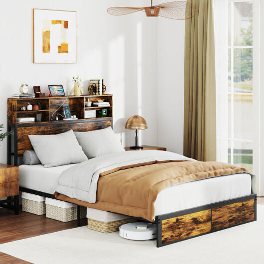 Twin/Full/Queen/King Size Bed Frame with Storage Headboard Industrial Metal Platform Bed-Full Size  D681-HU10817CF-F