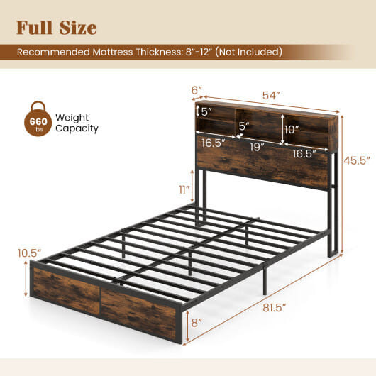 Twin/Full/Queen/King Size Bed Frame with Storage Headboard Industrial Metal Platform Bed-Full Size  D681-HU10817CF-F
