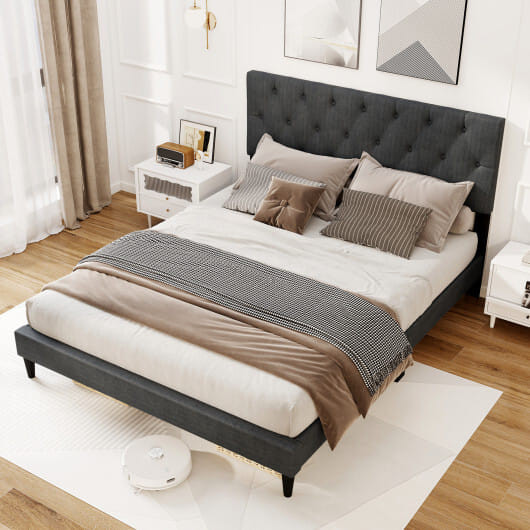 Upholstered Platform Bed with Tufted Headboard and Wooden Slats Gray-Queen Size - Color: Gray - Siz D681-HU10906GR-Q
