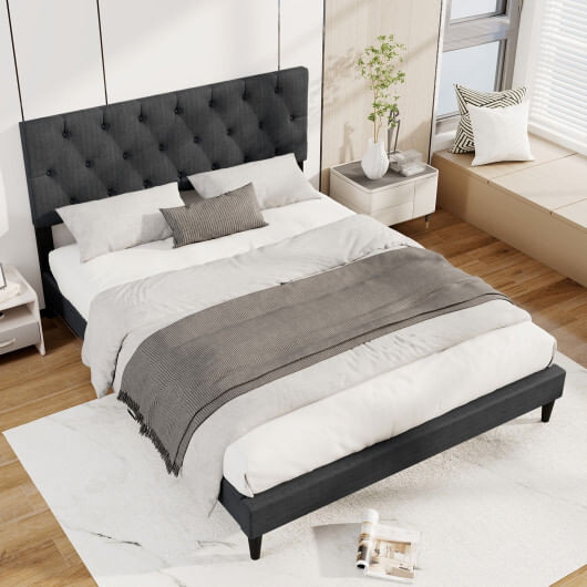 Upholstered Platform Bed with Tufted Headboard and Wooden Slats Gray-Queen Size - Color: Gray - Siz D681-HU10906GR-Q