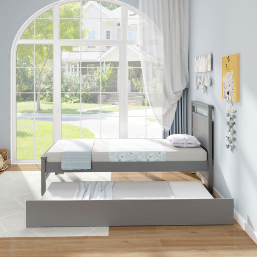 Twin Size Wooden Bed Frame with Trundle for Teens and Adults-Gray B593-HU10866