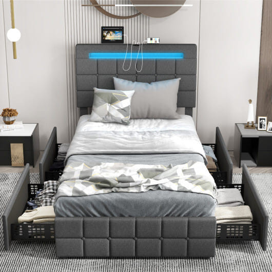 Upholstered LED Bed Frame with Headboard and 4 Drawers-Twin Size - Color: Gray - Size: Twin Size D681-HU10556GR-T