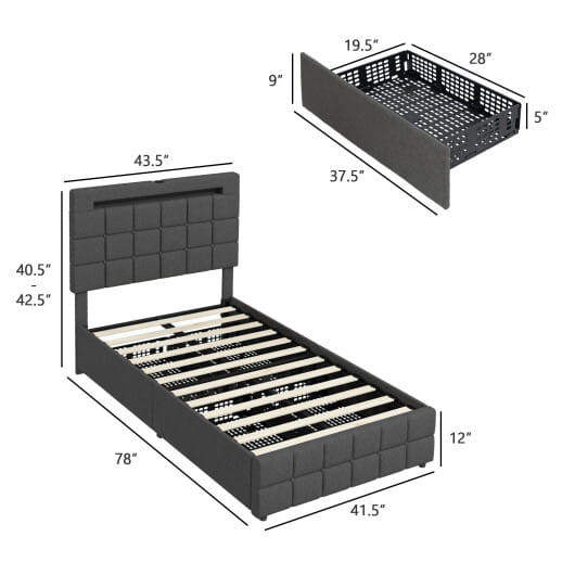 Upholstered LED Bed Frame with Headboard and 4 Drawers-Twin Size - Color: Gray - Size: Twin Size D681-HU10556GR-T