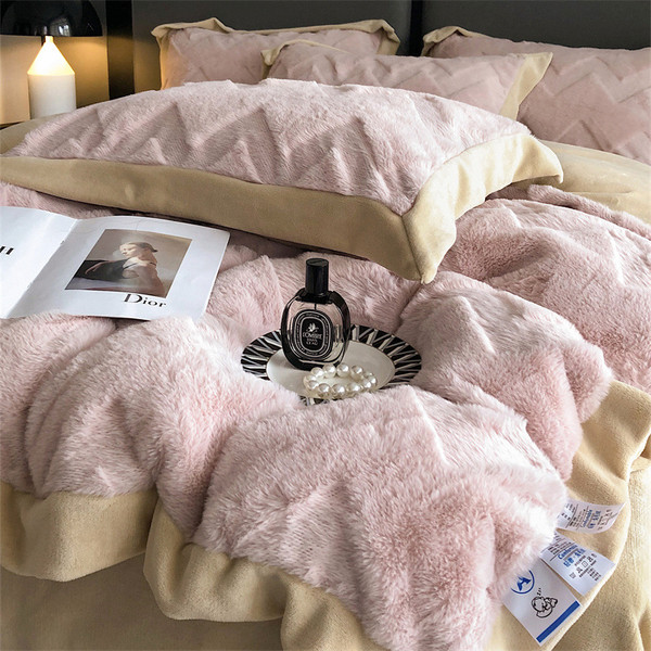 Color: Pink, Bedding Size: 1.8M fitted sheet - A Four Piece Set Of Rabbit Hair And Milk Velvet Duve Q119-CJCS192615220TG
