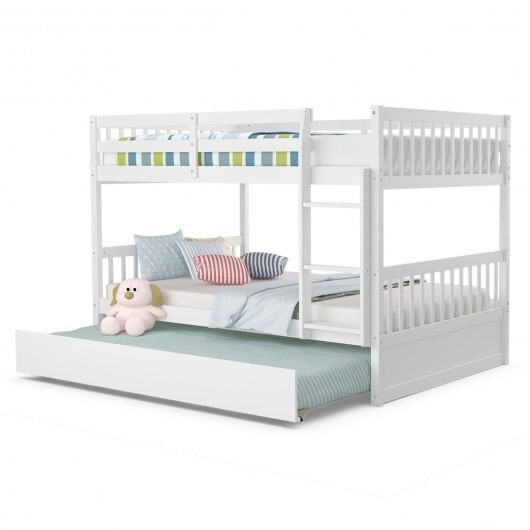 Full over Full Bunk Bed Platform Wood Bed with Ladder-White - Color: White D681-HW65358WH+