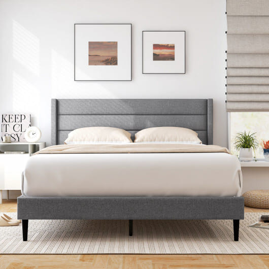 Linen Upholstered Platform Twin/Queen Bed Frame with Wingback Headboard-Queen Size - Size: Queen Si D681-HU10729GR-Q