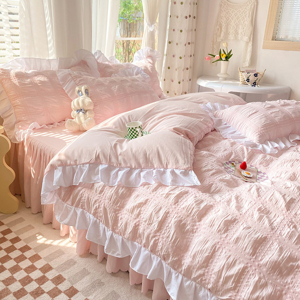 Color: Pink, Size: 1.5M B Bed Skirt - Solid Color Four-piece Quilt Cover Bed Skirt Bedding Set Q119-CJCS153282661IR