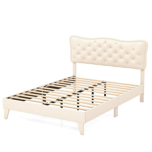 Full Size Bed Frame with Nail Headboard and Wooden Slats - Color: Beige - Size: Full Size D681-HU10422BE-F