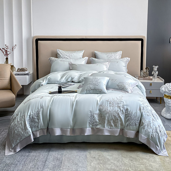 Pattern: Mint Green, Dimensions: 200x230cm - High-end Embroidered Lyocell Fiber Bed Sheet Four-piec Q119-CJCS196062301AZ