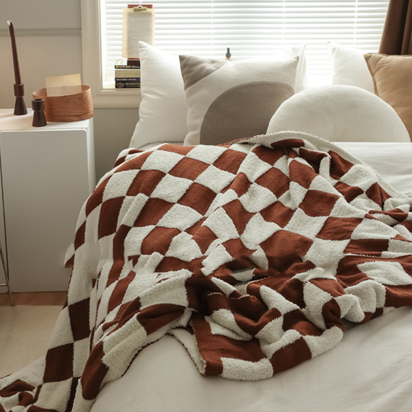 Color: Brown, Size: 120X150cm - Checkerboard Lamb Fleece Casual Sofa Blanket Q119-CJCS168312505EV