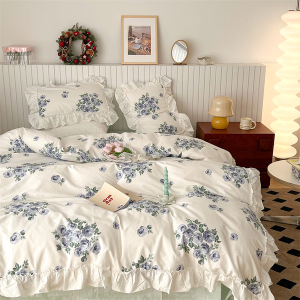 Color: French blue rose fitted sheet, Bedding Size: 1.8M 4Pcs set - French Blue Rose Ruffle Cotton  Q119-CJCS158670736JQ
