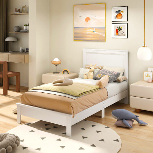 Twin Size Wooden Bed Frame with Headboard and Slat Support-White - Color: White - Size: Twin Size D681-HU10900WH-T