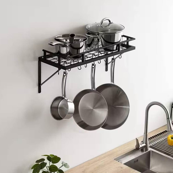 Matte Black Stainless Steel Wall Mounted Pot Rack with 10 Hanging Hooks Q280-TFBWMKPR658614527