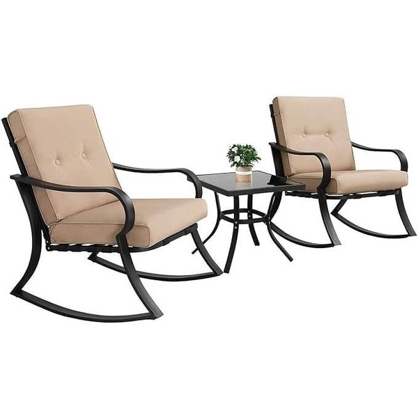 3-Piece Outdoor Patio Furniture Table Rocking Chairs Set with Beige Cushions Q280-BOWFCG1598362