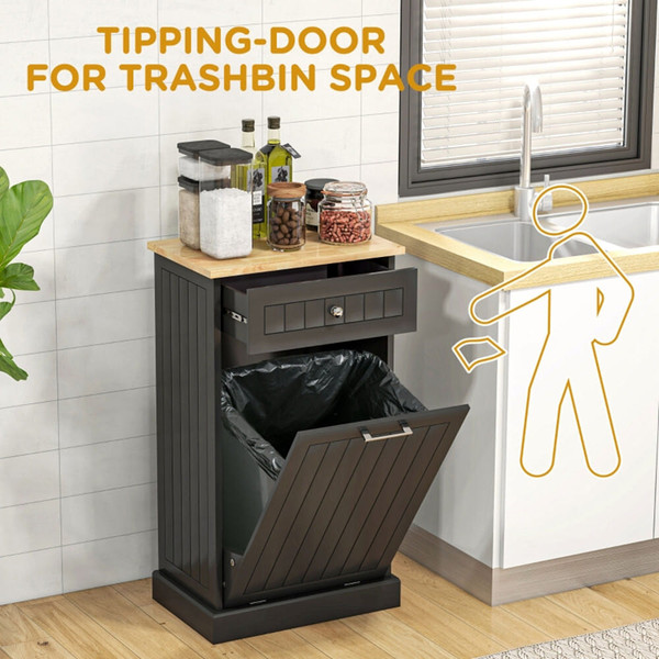 Kitchen Tilt Out Trash Bin Cabinet Free Standing Recycling Cabinet Trash Can Holder With Drawer, Bl T575-S0671266326