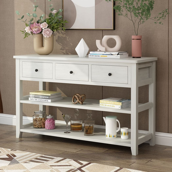Console Table with Wood Frame and Legs, Sofa Table Entryway Table with 3 Drawers and 2 Open Shelves T575-S0671276057