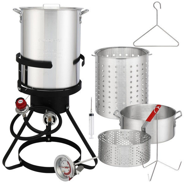 13*32inch Four-Piece Set, Black Round Iron Stove Frame, Silver Aluminum 30qt Turkey Pot 10qt Fish P T575-S0671285944