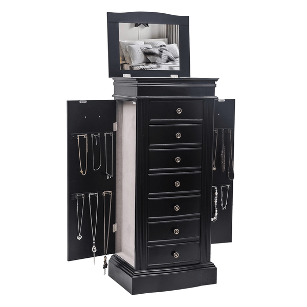 Jewelry Armoire with Mirror, 7 Drawers & 24 Necklace Hooks, 2 Side Swing Doors(Black) T575-S0671277285