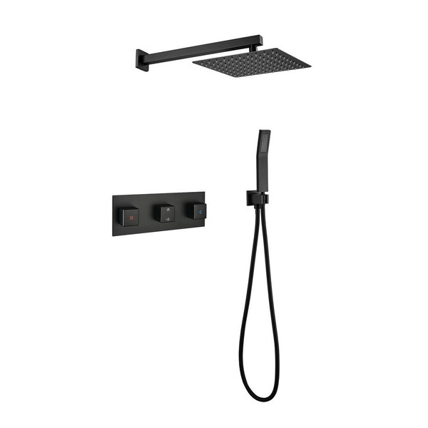 Brass Matte Black Shower Faucet Set Shower System 10 Inch Rainfall Shower Head with Handheld Spraye T575-S0671284046