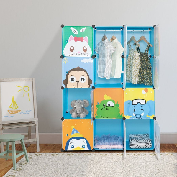 4 layers, 12 grids with animal patterns and 2 hanging rods, Rubik's cube wardrobe, plastic, steel w T575-S0671435289