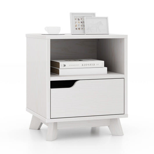 Mid Century Modern Bedside Table with Storage Drawer and Open Shelf-White - Color: White D681-JV11471WH