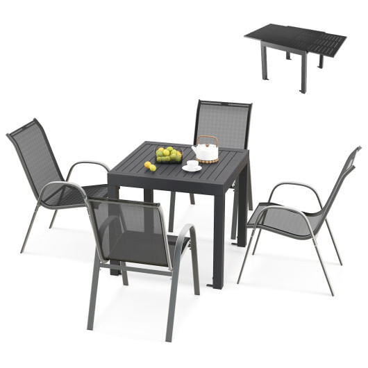 Outdoor Dining Table Set with Extendable Aluminum Table and 4 Stackable Chairs D681-NP11692GR+NP11384DK-4