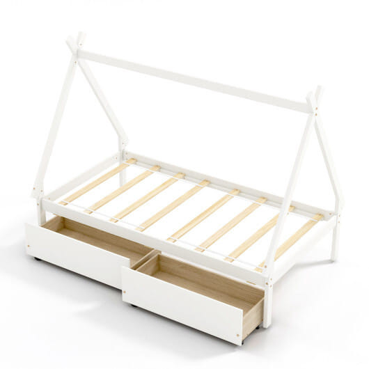 Twin Size Wooden Tent Platform House Bed with 2 Drawers-White - Color: White - Size: Twin Size D681-HU10868WH