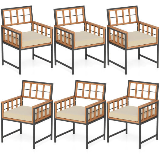 Set of 6 Patio Dining Chairs Acacia Wood Armchairs with Cushions - Color: Beige D681-HW73162BN-23+HW73162BN-33