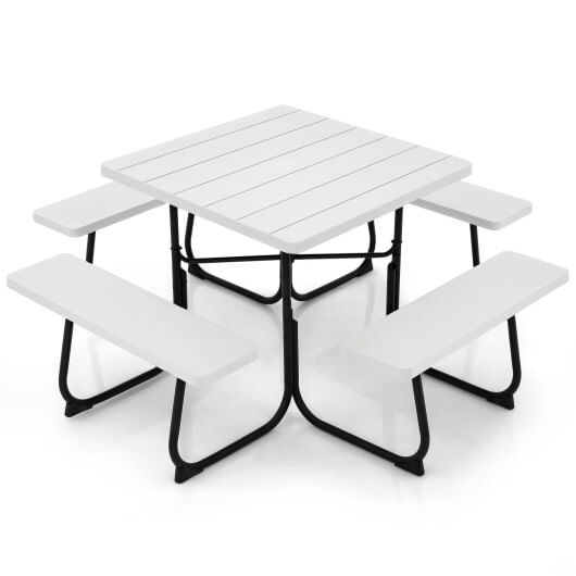 Outdoor Picnic Table with 4 Benches and Umbrella Hole-White - Color: White D681-NP11265WH+