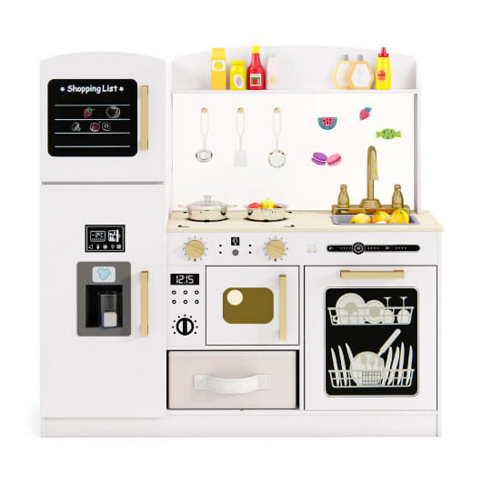 Wooden Kids Kitchen Playset with Chalkboard Ice Maker Sink Lighted Microwave-White - Color: White D681-TM10130WH