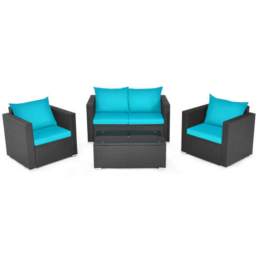 4Pcs Patio Rattan Cushioned Furniture Set-Turquoise - Color: Turquoise D681-HW65410BTU+