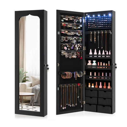 Lockable Wall Mounted Mirror Jewelry Armoire with 5 LEDs and 6 Drawers-Black - Color: Black D681-HW63090BK
