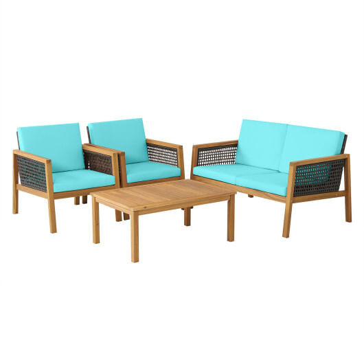 4 Pieces Patio Rattan Furniture Set with Removable Cushions-Turquoise - Color: Turquoise D681-HW69144TU+