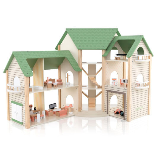 Wooden Corner Dollhouse Playset with 6 Rooms and 36 Pieces for Kids 3+ Years Old-Green - Color: Gre D681-TP10210GN
