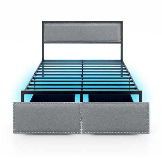 Full/Queen/Twin Size Bed Frame with LED Lights Drawer and Metal Slats-Full Size - Color: Gray - Siz D681-HU10701GR-F